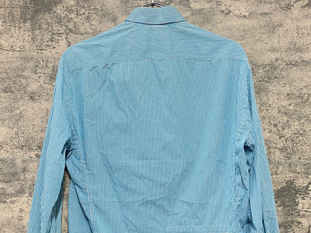 KI179 ラファ Rapha GINGHAM LONG SLEEVE SHIRT 長袖 シャツ 水色 チェック柄 S TEAM Sky ※襟黄ばみ