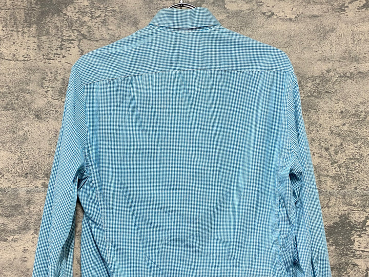KI179 ラファ Rapha GINGHAM LONG SLEEVE SHIRT 長袖 シャツ 水色 チェック柄 S TEAM Sky ※襟黄ばみ