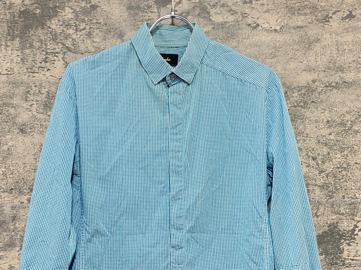 KI179 ラファ Rapha GINGHAM LONG SLEEVE SHIRT 長袖 シャツ 水色 チェック柄 S TEAM Sky ※襟黄ばみ