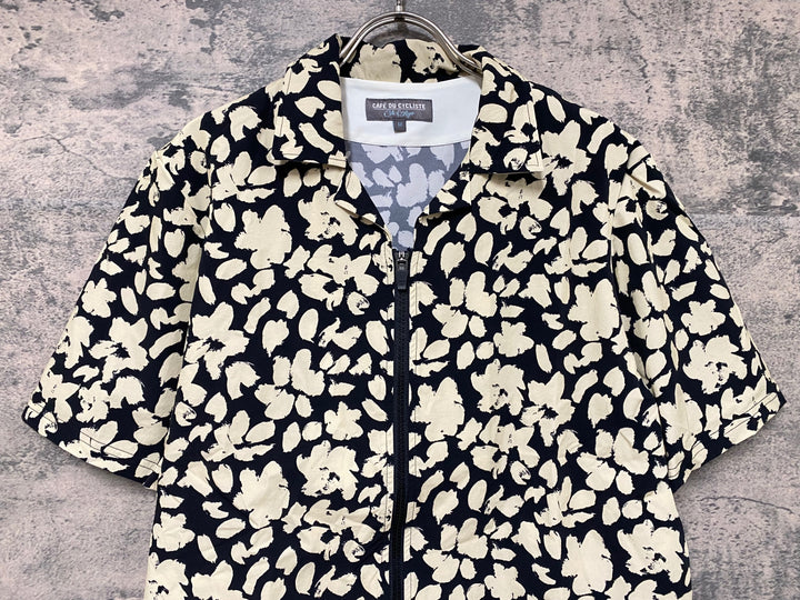JY657 カフェドシクリステ CAFE DU CYCLISTE LAURELINE Unisex オープンカラー ジップシャツ グラベルシャツ 黒 ベージュ 柄 M