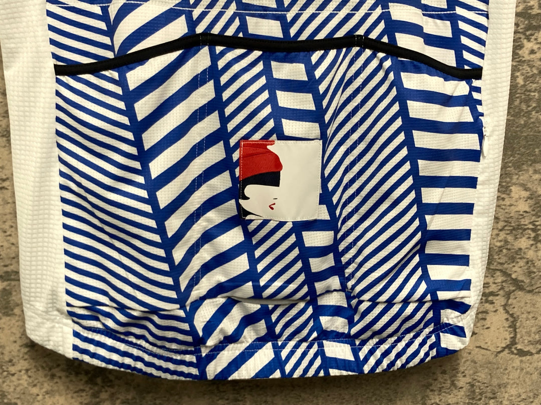 KJ690 カフェドシクリステ Cafe du Cycliste NINA MAN 半袖 サイクルジャージ 青 白 L ※袖に補修あり