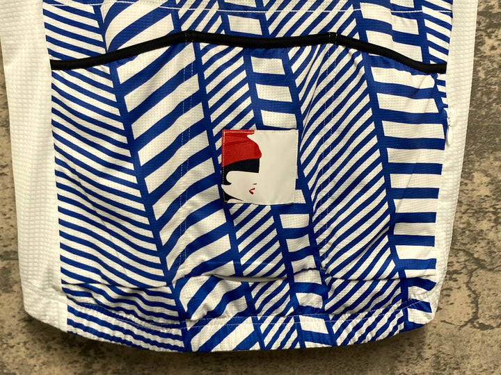 KJ690 カフェドシクリステ Cafe du Cycliste NINA MAN 半袖 サイクルジャージ 青 白 L ※袖に補修あり