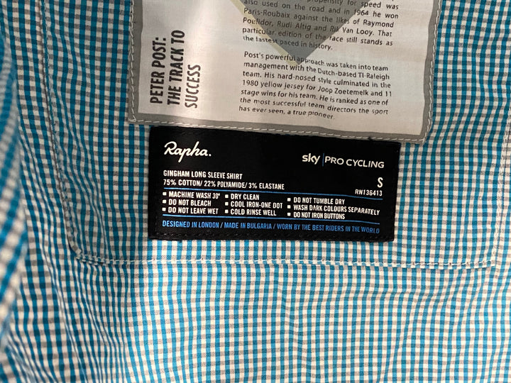 KI179 ラファ Rapha GINGHAM LONG SLEEVE SHIRT 長袖 シャツ 水色 チェック柄 S TEAM Sky ※襟黄ばみ