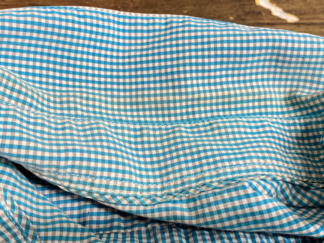 KI179 ラファ Rapha GINGHAM LONG SLEEVE SHIRT 長袖 シャツ 水色 チェック柄 S TEAM Sky ※襟黄ばみ