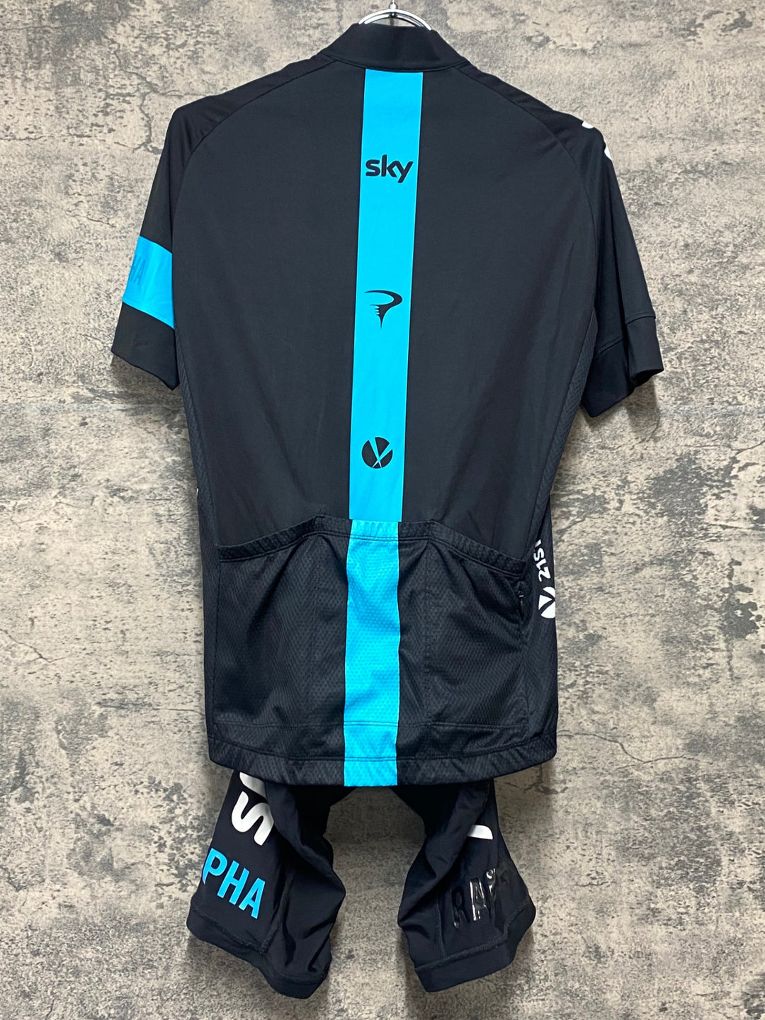 KJ201 ラファ Rapha レプリカ REPLICA 半袖 サイクルジャージ / ビブショーツ 上下セット S 黒青 チームスカイ パッド部傷み