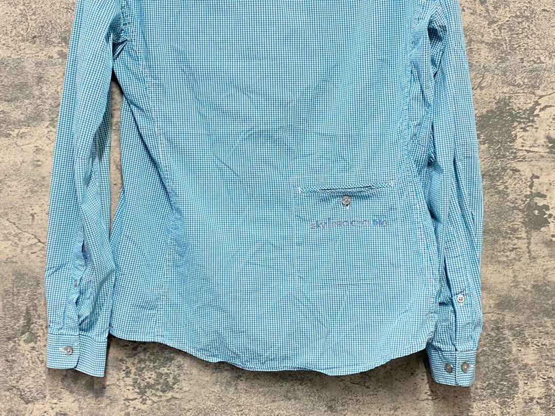 KI179 ラファ Rapha GINGHAM LONG SLEEVE SHIRT 長袖 シャツ 水色 チェック柄 S TEAM Sky ※襟黄ばみ