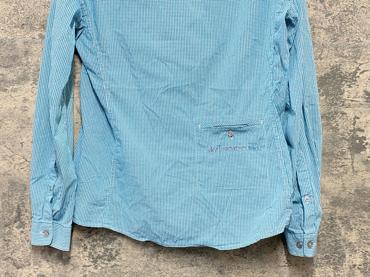 KI179 ラファ Rapha GINGHAM LONG SLEEVE SHIRT 長袖 シャツ 水色 チェック柄 S TEAM Sky ※襟黄ばみ