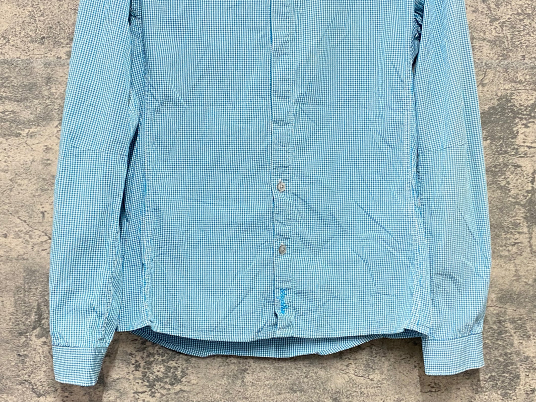 KI179 ラファ Rapha GINGHAM LONG SLEEVE SHIRT 長袖 シャツ 水色 チェック柄 S TEAM Sky ※襟黄ばみ