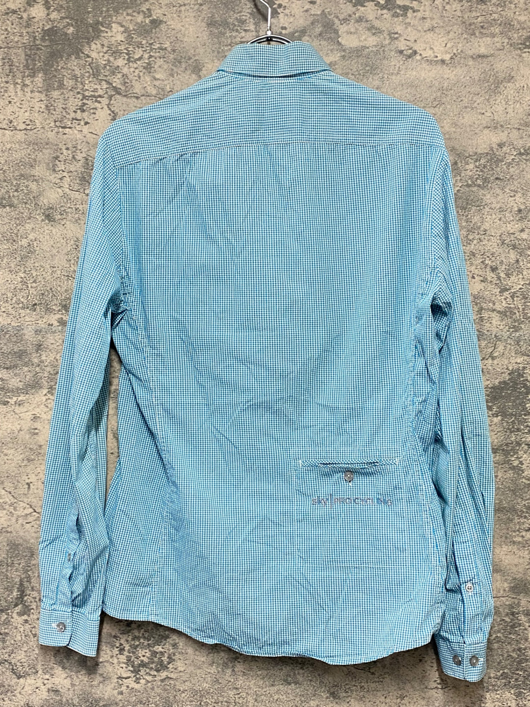 KI179 ラファ Rapha GINGHAM LONG SLEEVE SHIRT 長袖 シャツ 水色 チェック柄 S TEAM Sky ※襟黄ばみ