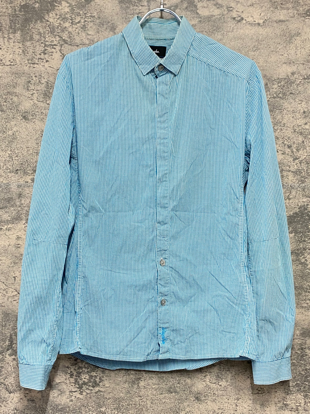 KI179 ラファ Rapha GINGHAM LONG SLEEVE SHIRT 長袖 シャツ 水色 チェック柄 S TEAM Sky ※襟黄ばみ