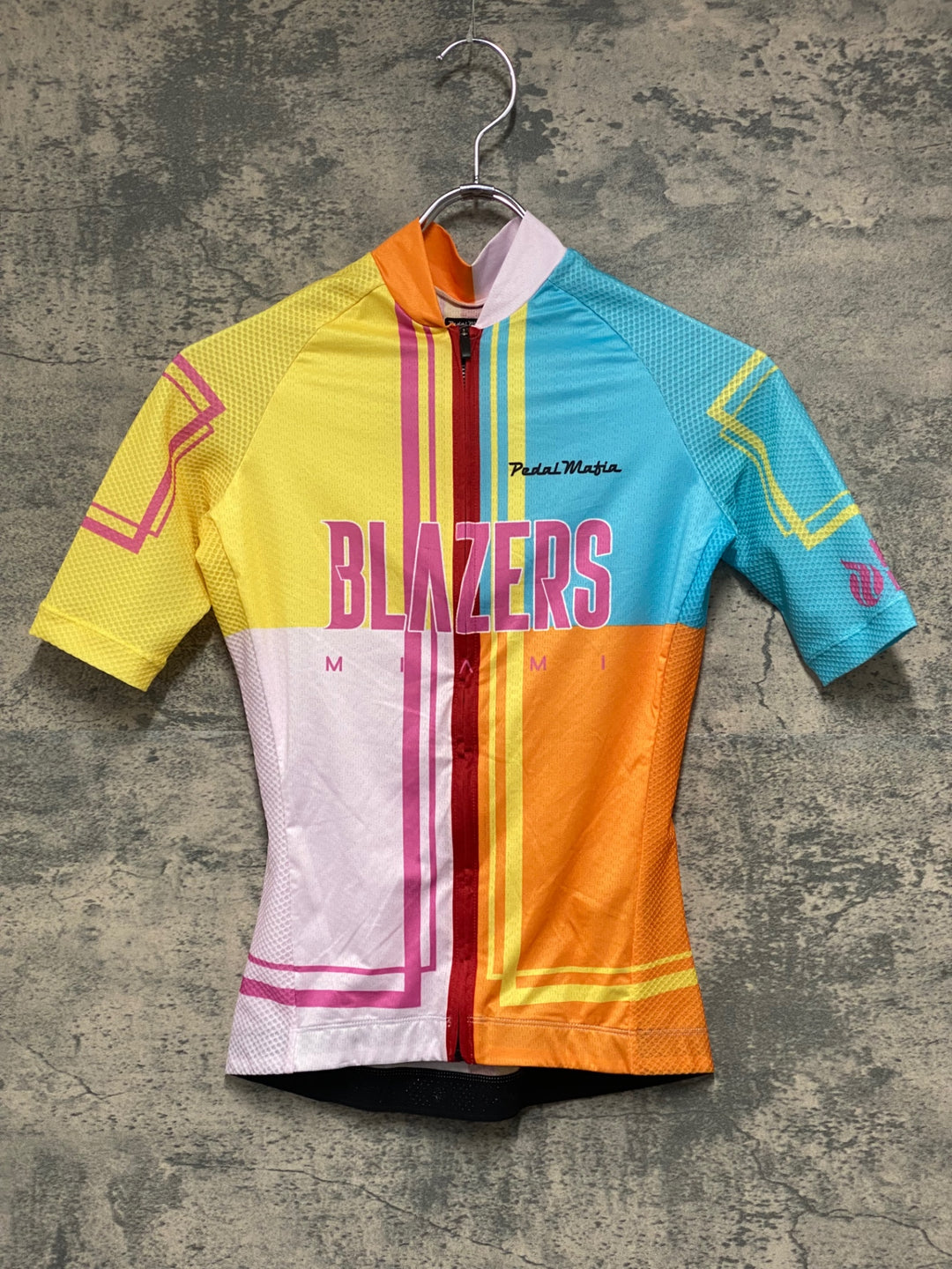 JO263 ペダルマフィア Pedal Mafia CORE JERSEY 半袖 サイクルジャージ 黄 オレンジ 総柄 S レディース BLAZERS MIAMI