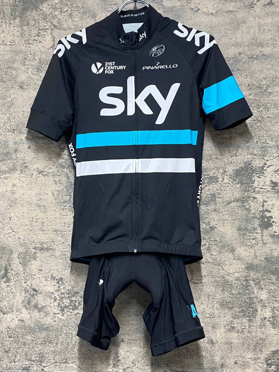 KJ201 ラファ Rapha レプリカ REPLICA 半袖 サイクルジャージ / ビブショーツ 上下セット S 黒青 チームスカイ パッド部傷み