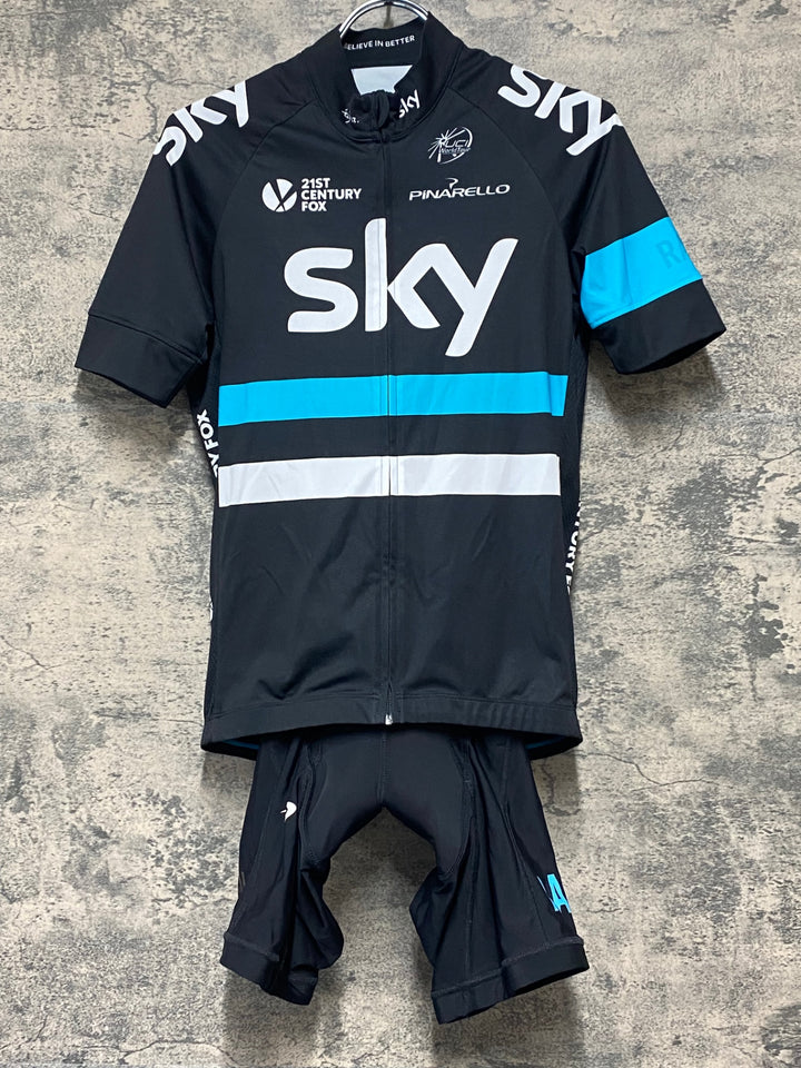 KJ201 ラファ Rapha レプリカ REPLICA 半袖 サイクルジャージ / ビブショーツ 上下セット S 黒青 チームスカイ パッド部傷み